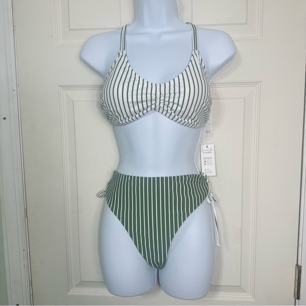 CUPSHE Bikini Back Braided Size Large, Green Vertical Stripes reversible bottoms